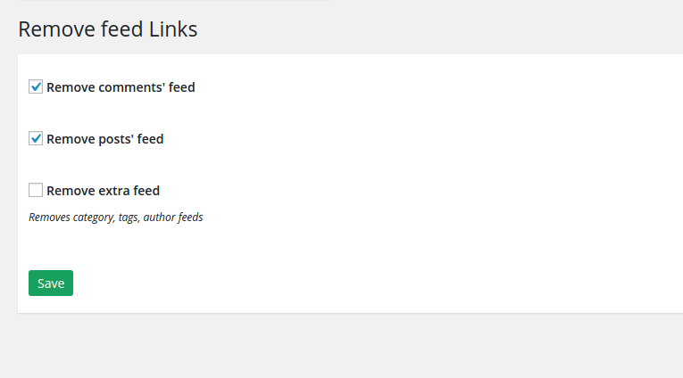 The Remove Feed Links configuration page which you can access from the 'Settings' menu under 'Remove Feed Links'.