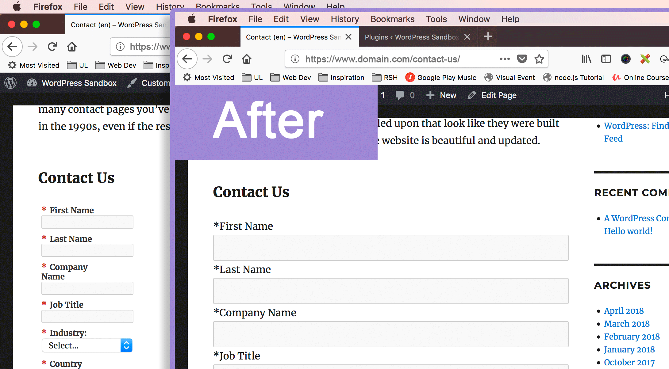 This shows the form before/after employing the plugin