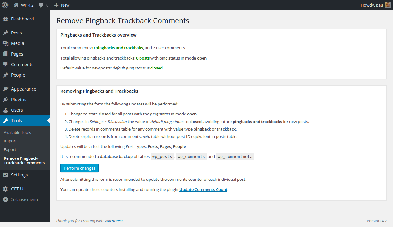 Blog comments info overview, and the remove pingback-trackback form.
