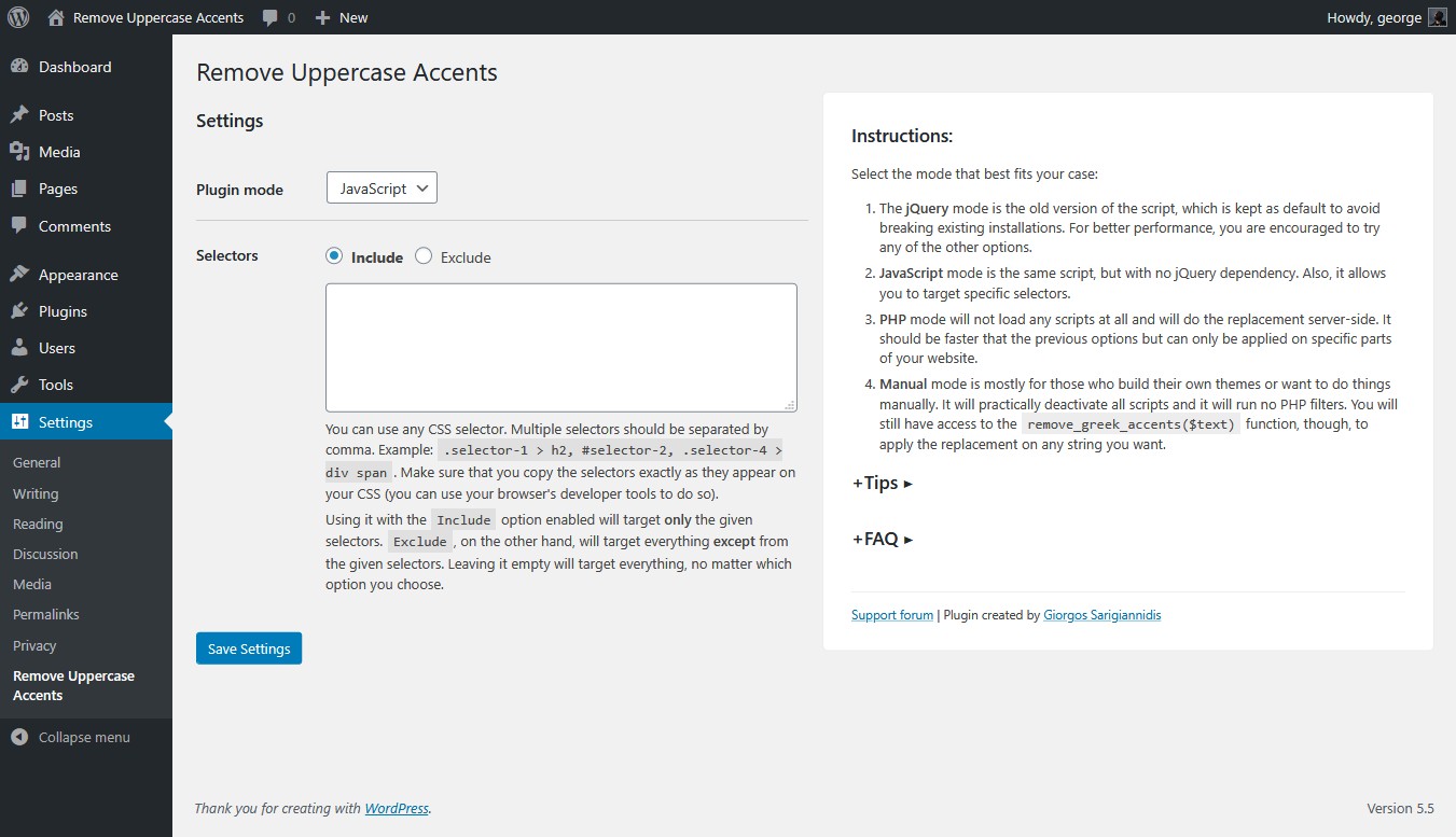 JavaScript mode options on the plugin's control panel