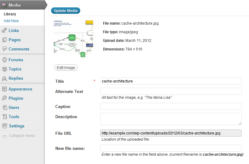 Example of new file name field on media edit form