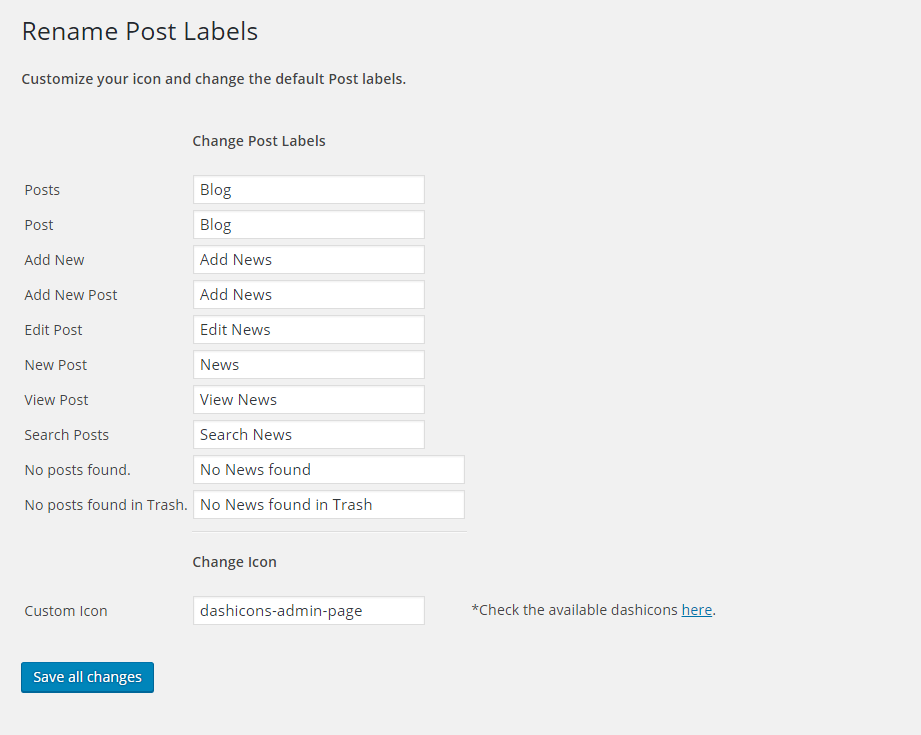 The Rename Post Labels menu settings screen within the WordPress admin.