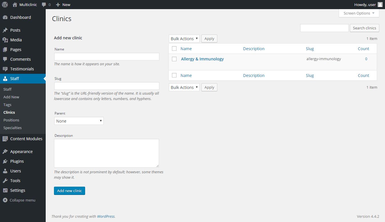 Customized taxonomy admin page (note the changed labels - taxonomy titles)
