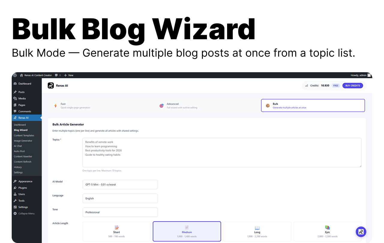 Bulk Blog Wizard — Generate multiple blog posts at once from a list of topics in a single batch.