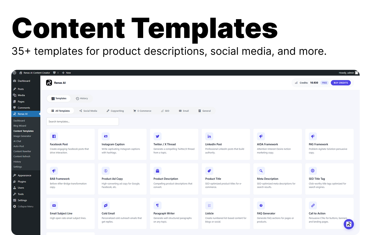 Content Templates — 35+ ready-made templates for product descriptions, social media, emails, and more.