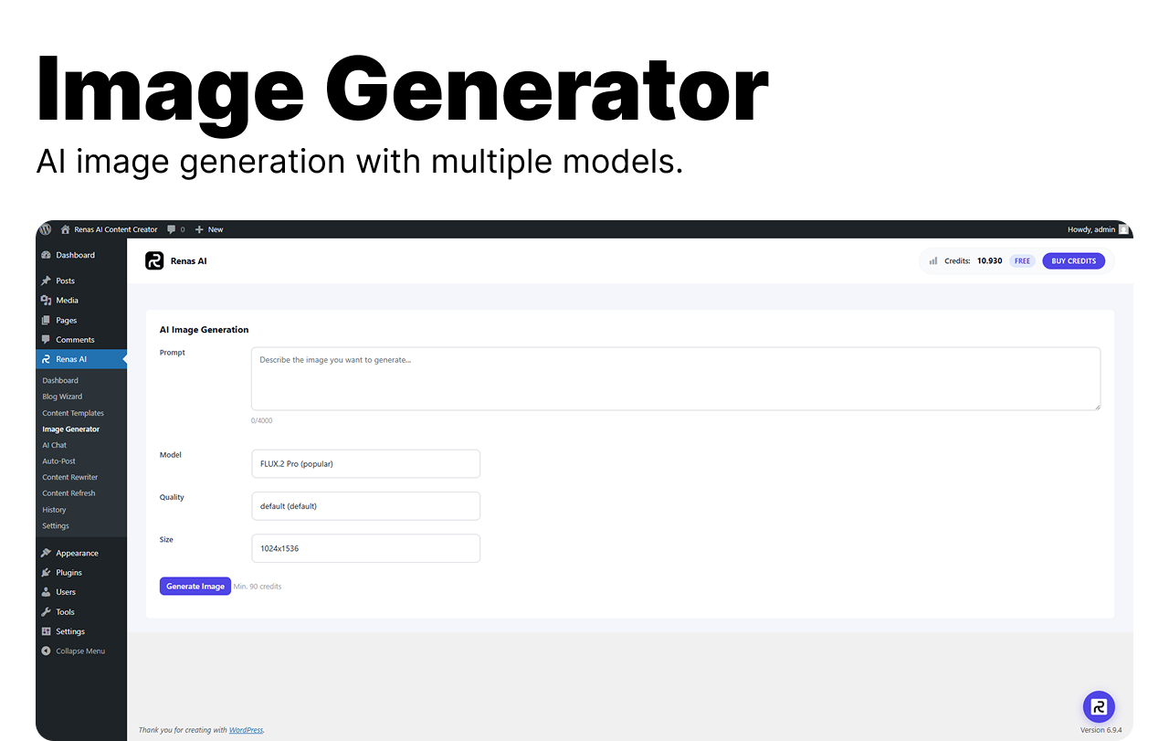Image Generator — AI image generation with multiple models, saved directly to your Media Library.