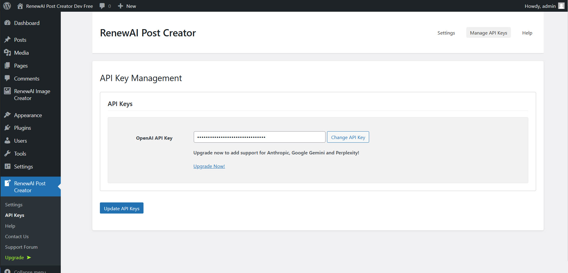API keys management screen