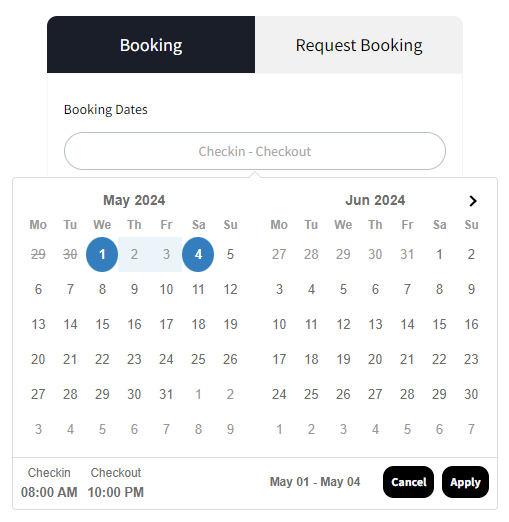 Booking Calendar >> To choose the preferred booking dates