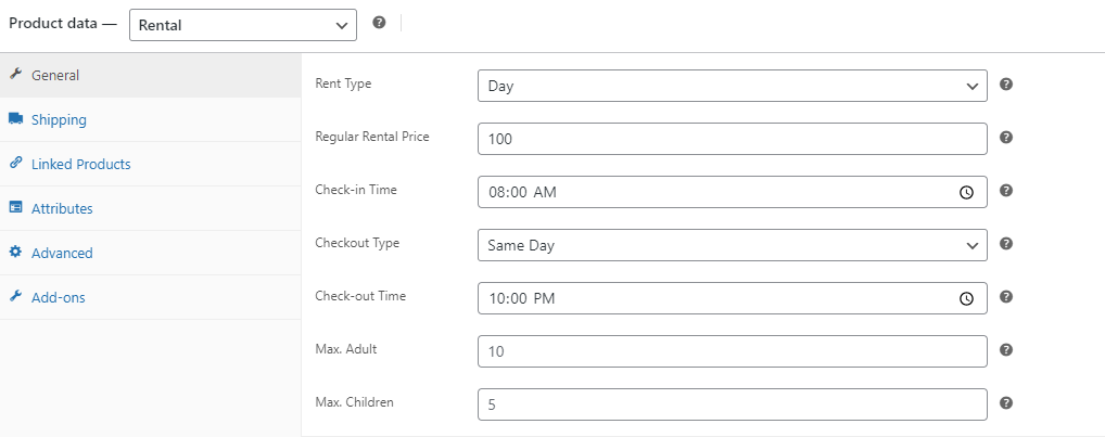 Product Settings >> Add the details to your rental product