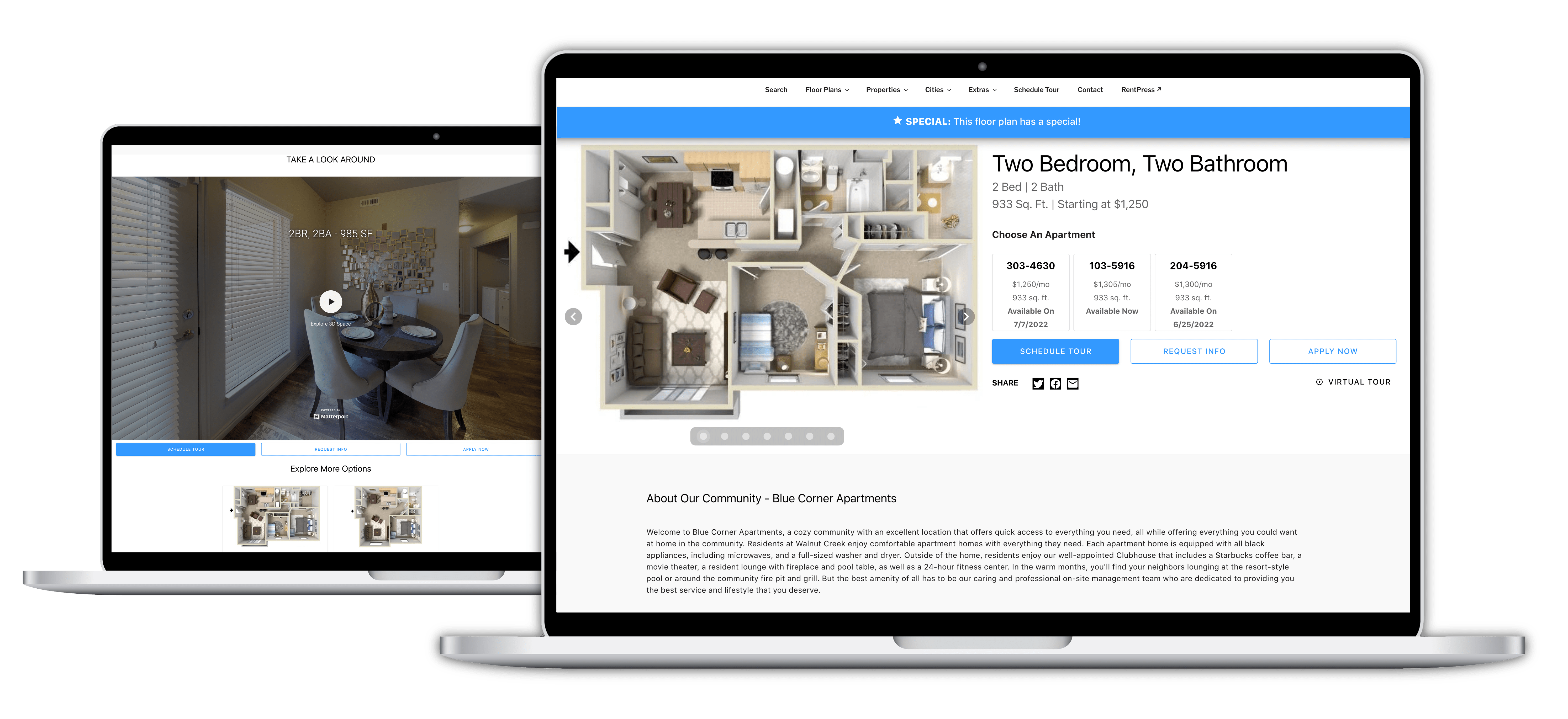 Single floor plan listing pages support virtual tours from Matterport, YouTube, Vimeo, and more.