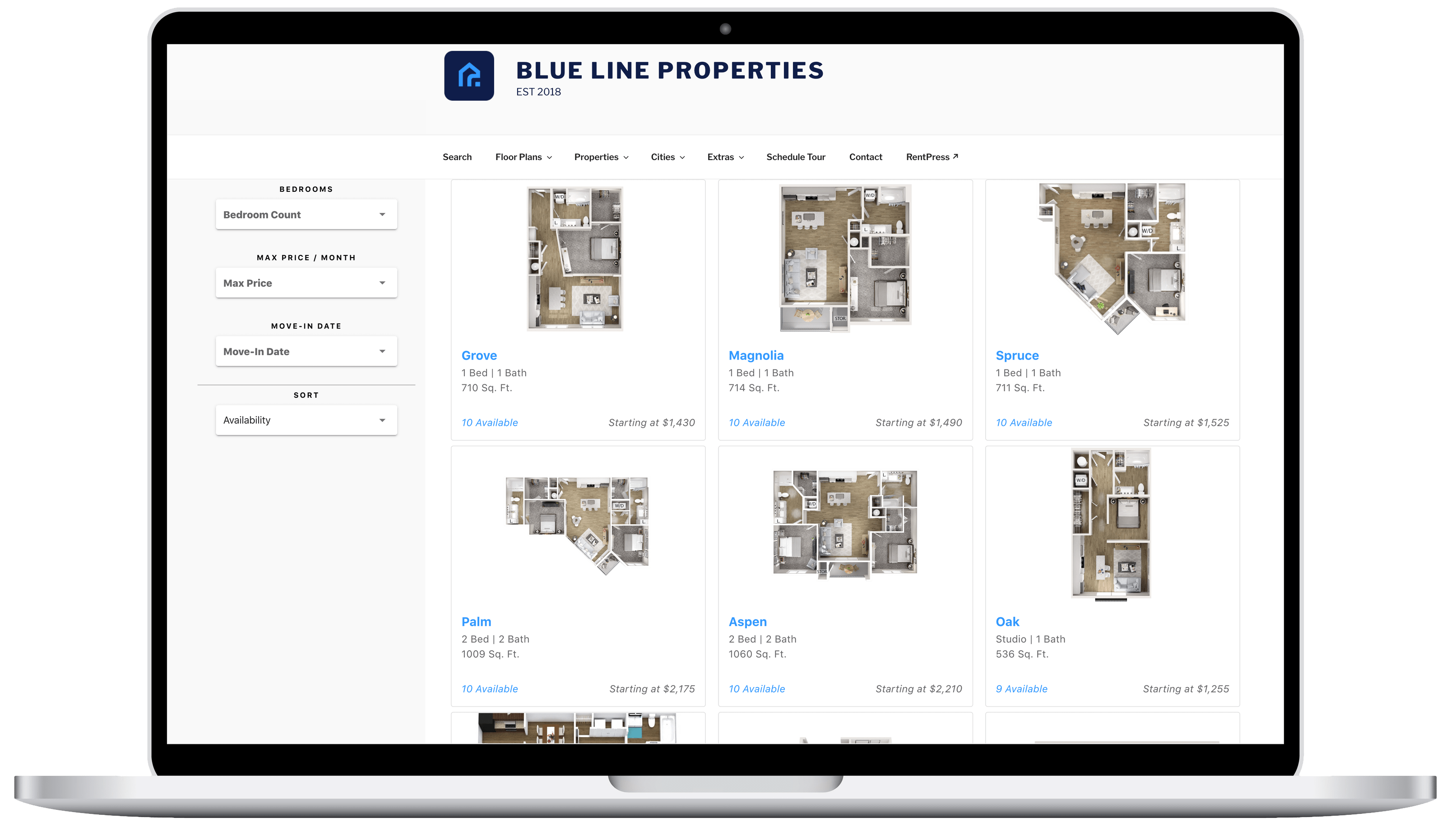 Shoppers can filter and sort through a grid of floor plans.