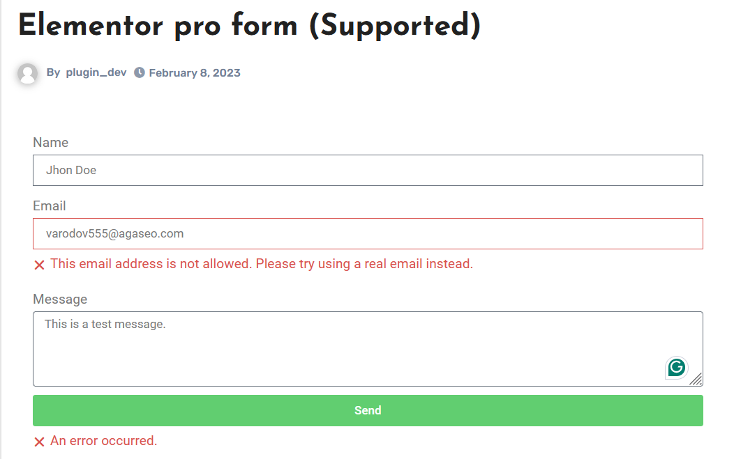 Temporary email blocked during Elementor Pro Form submission.