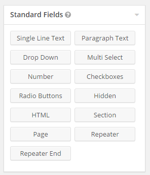 When activated, 2 new field type buttons will be added to Gravity Forms, `Repeater` and `Repeater End`.