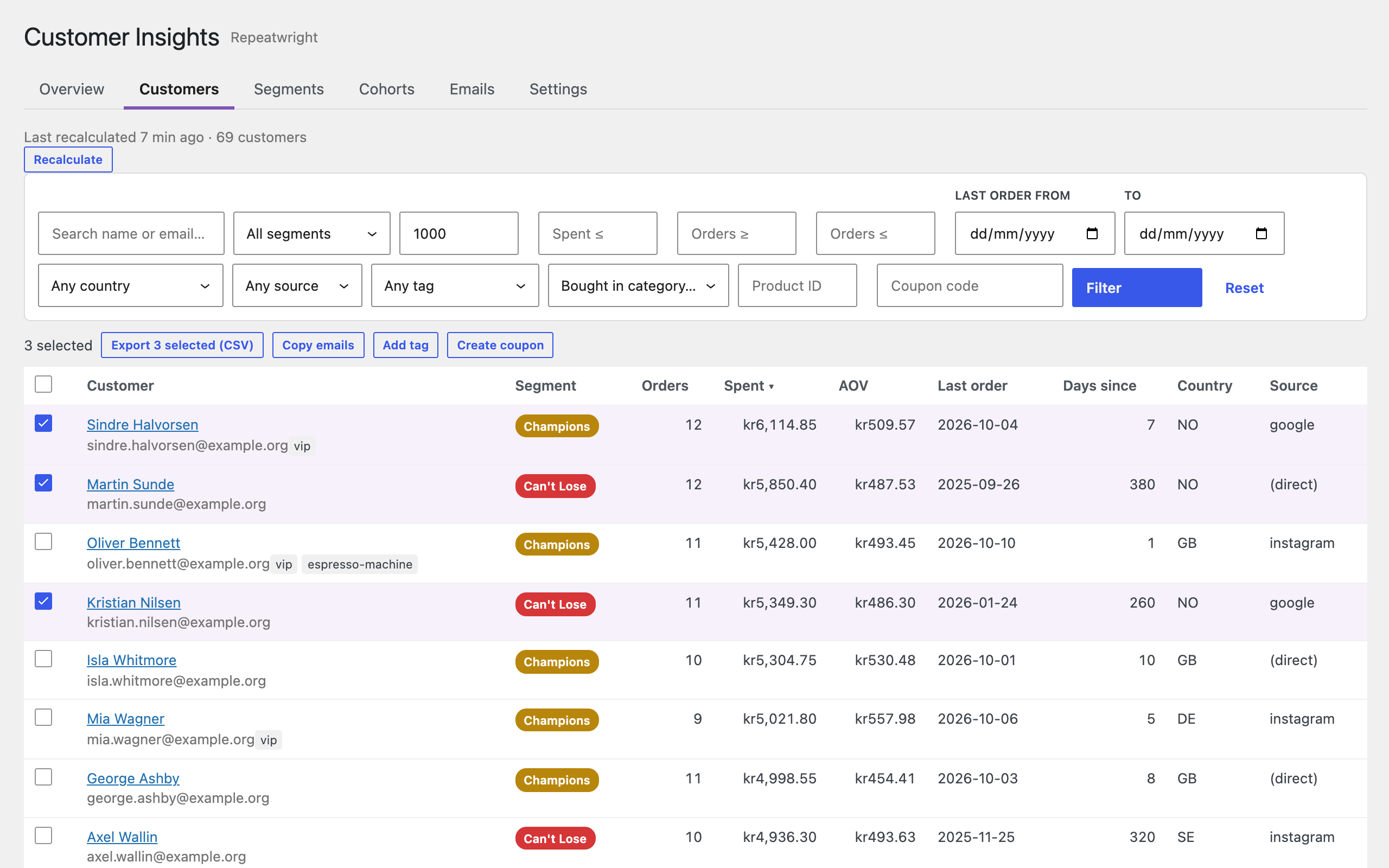 Customers list with filters and bulk actions.