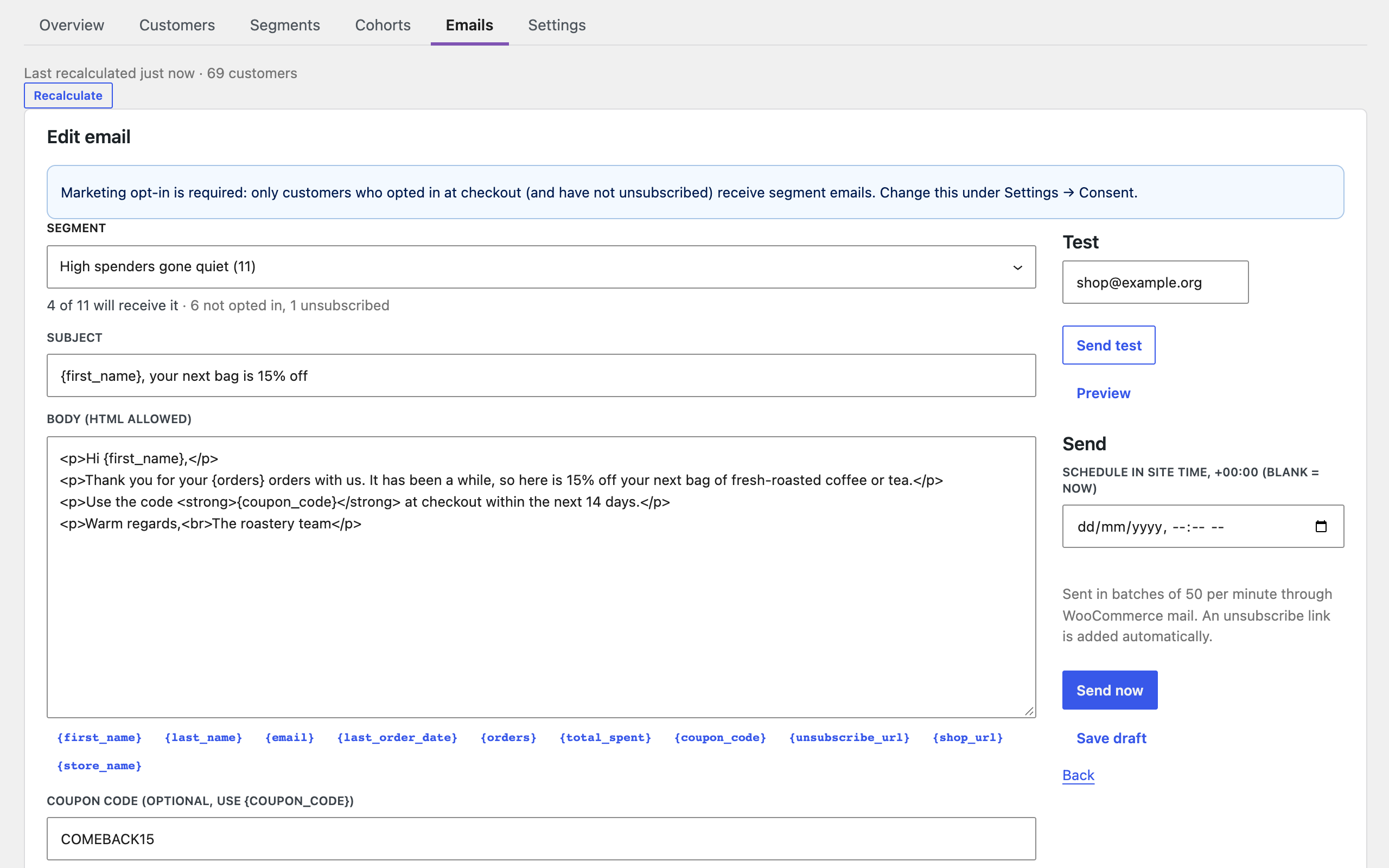 Segment email composer with merge tags and consent summary.