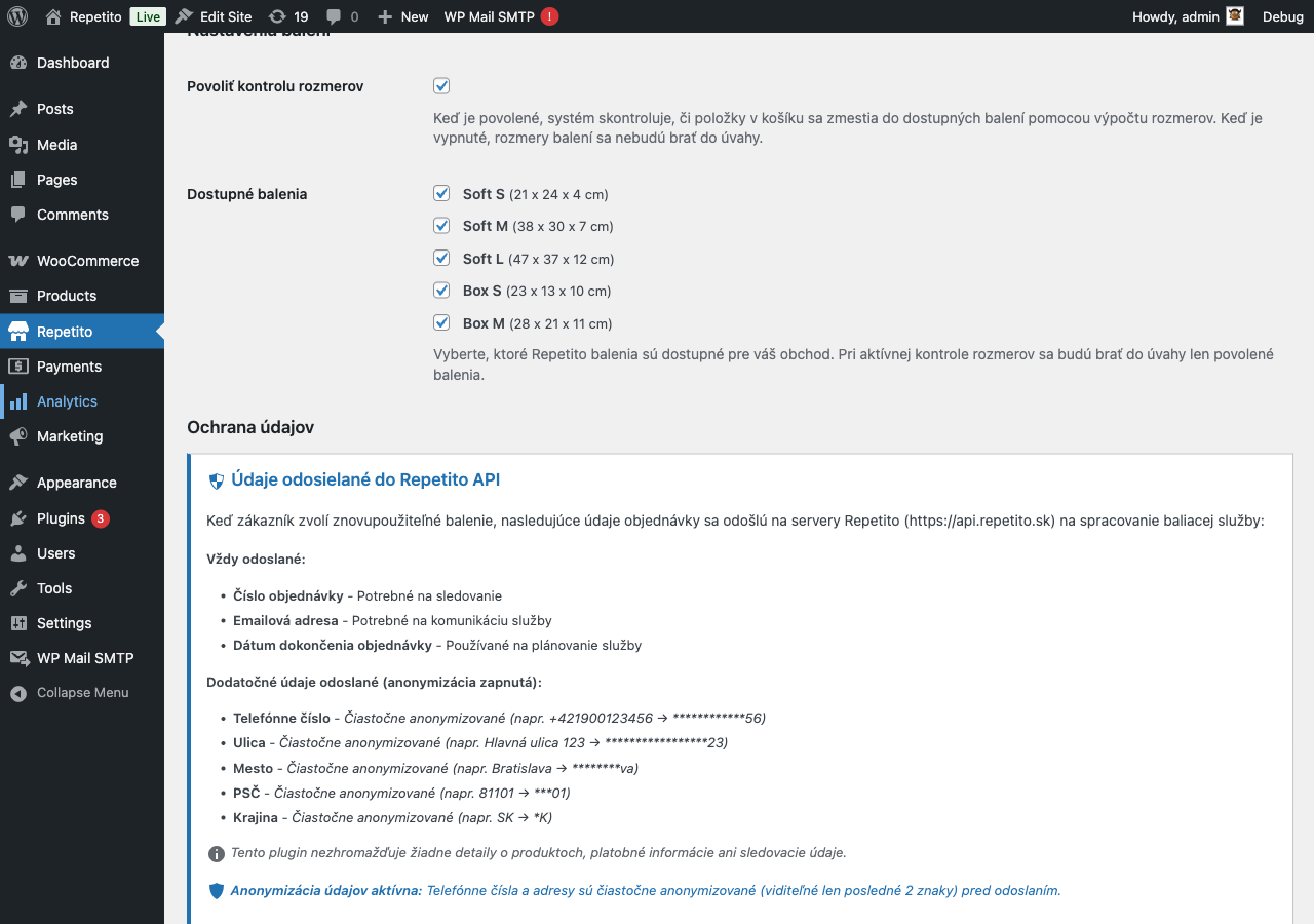 Plugin settings page - Package selection