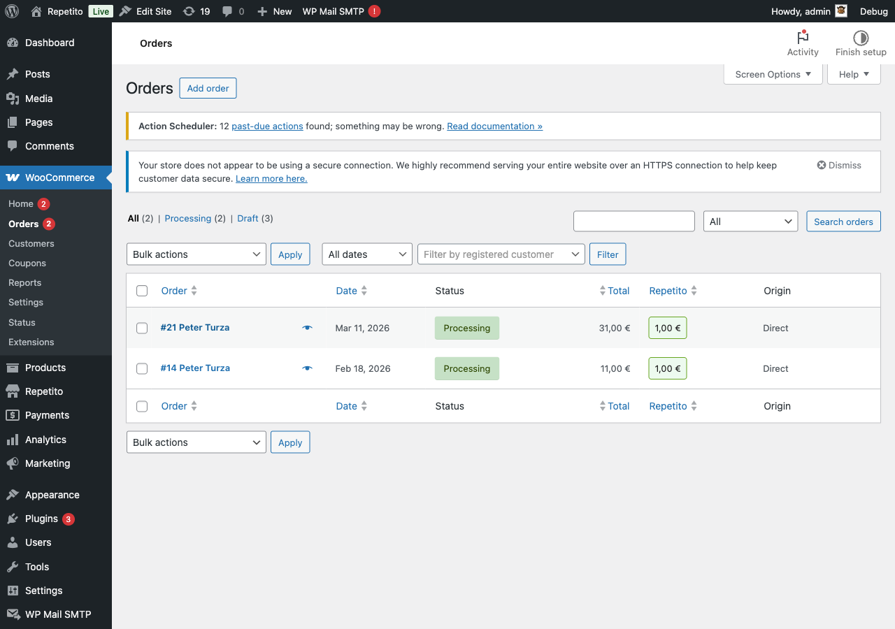Admin order list with Repetito column