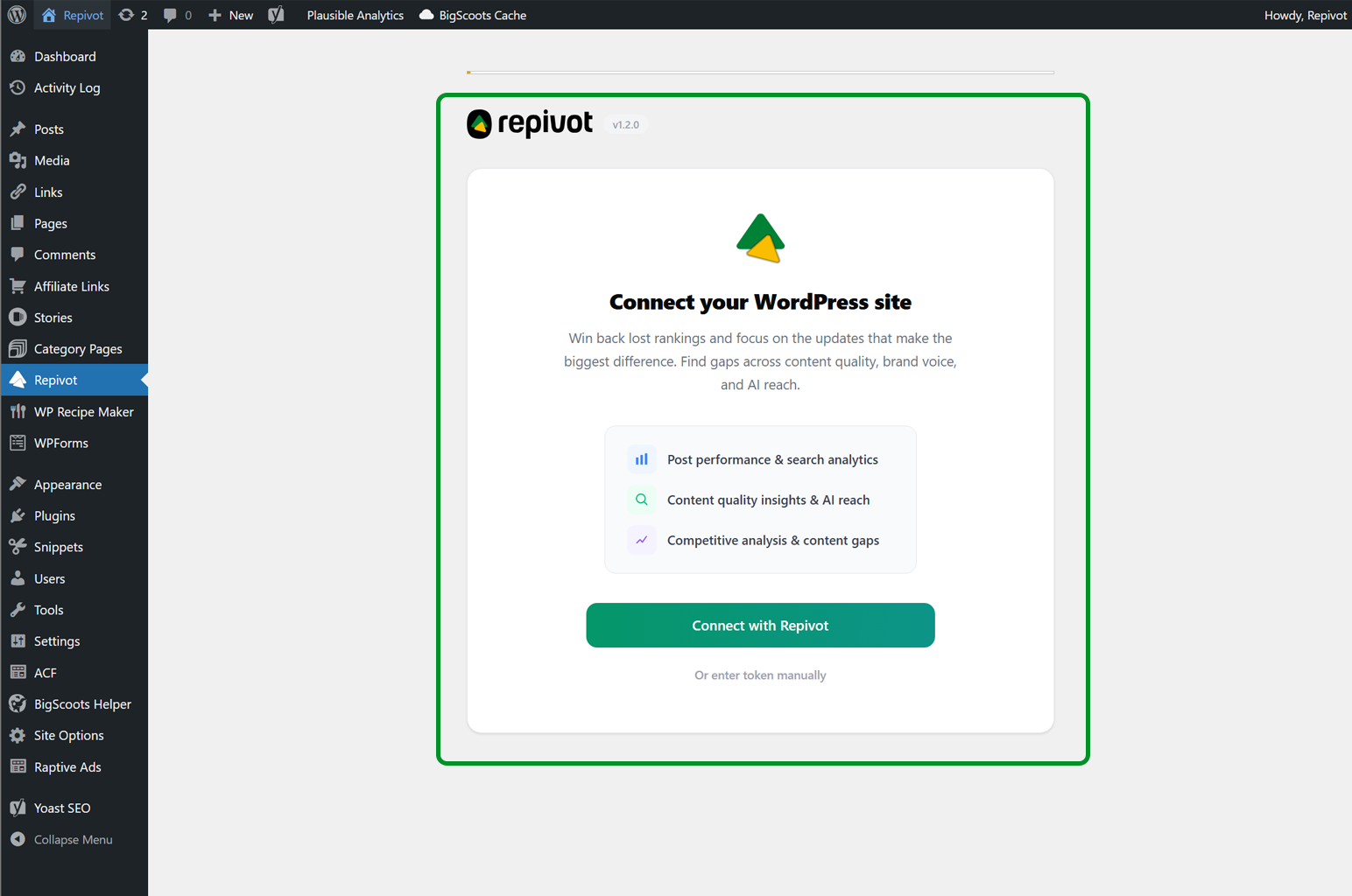 Settings page with one-click connection.