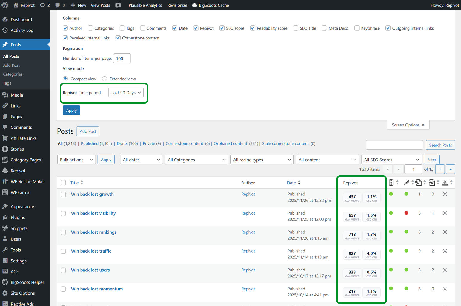 Repivot metrics column in the posts list.