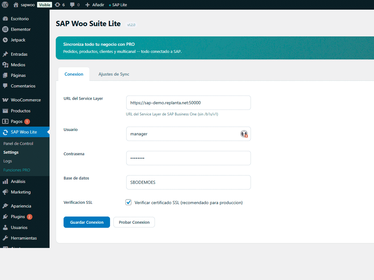 Connection settings -- Configure your SAP Service Layer URL, credentials and company database