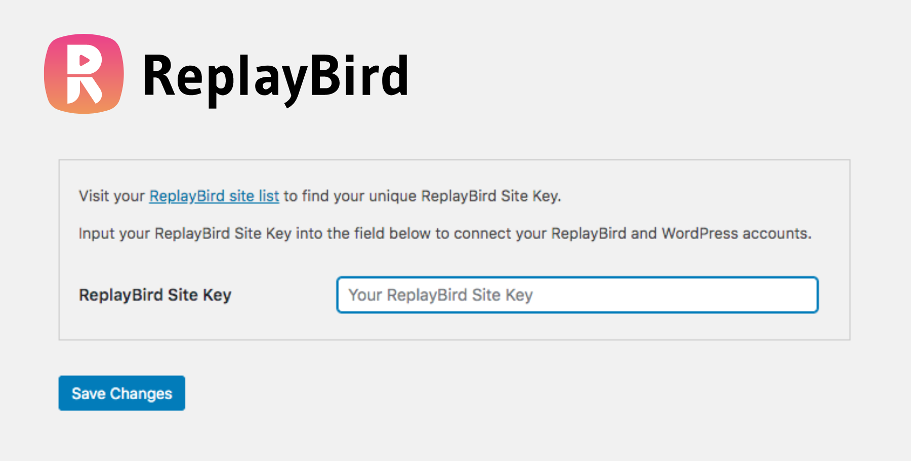 Add your unique ReplayBird Site Key in the settings, and Save Changes to install the ReplayBird script for that site.