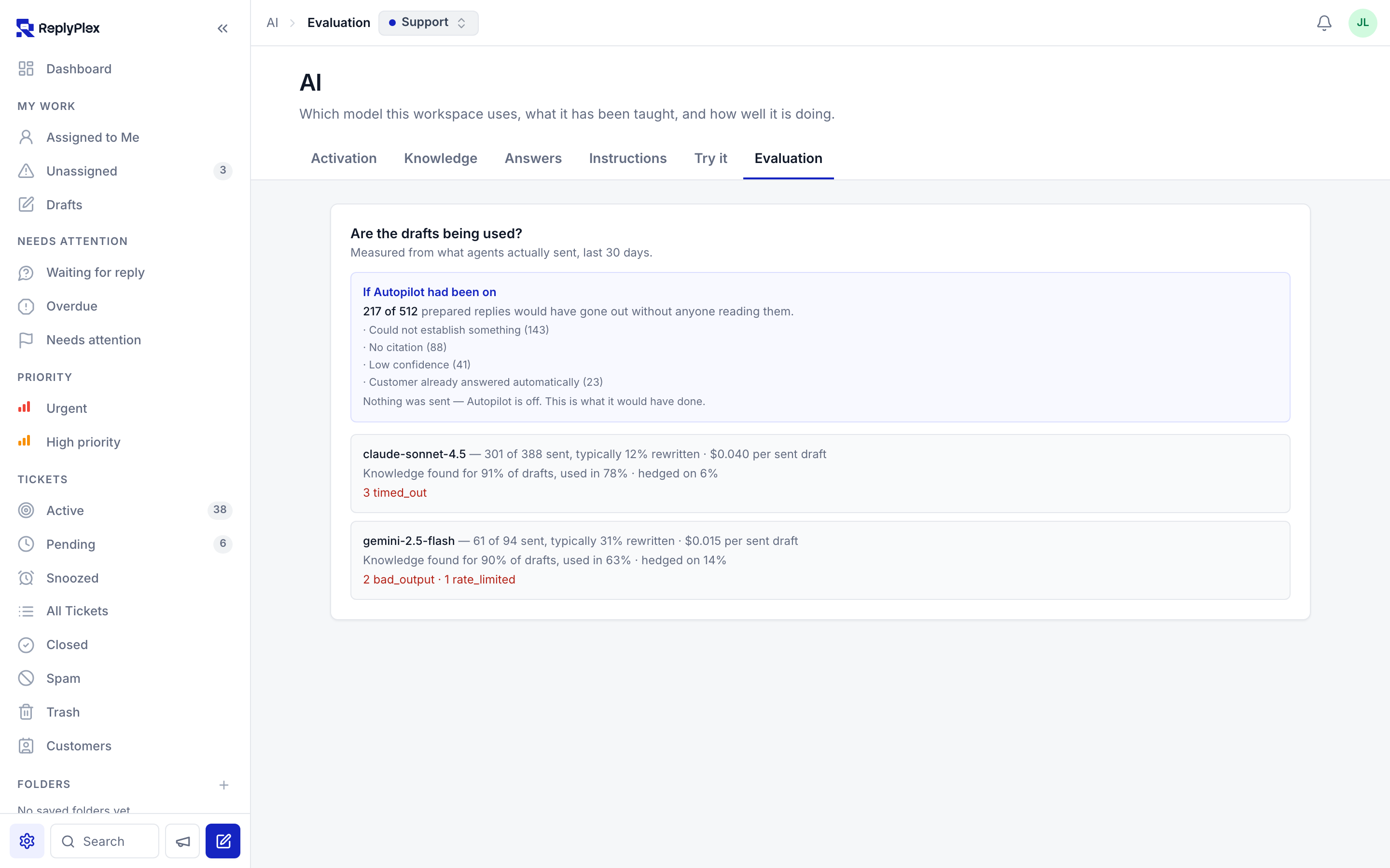 A ticket answered by Autopilot, badged as AI and signed with the name you chose.