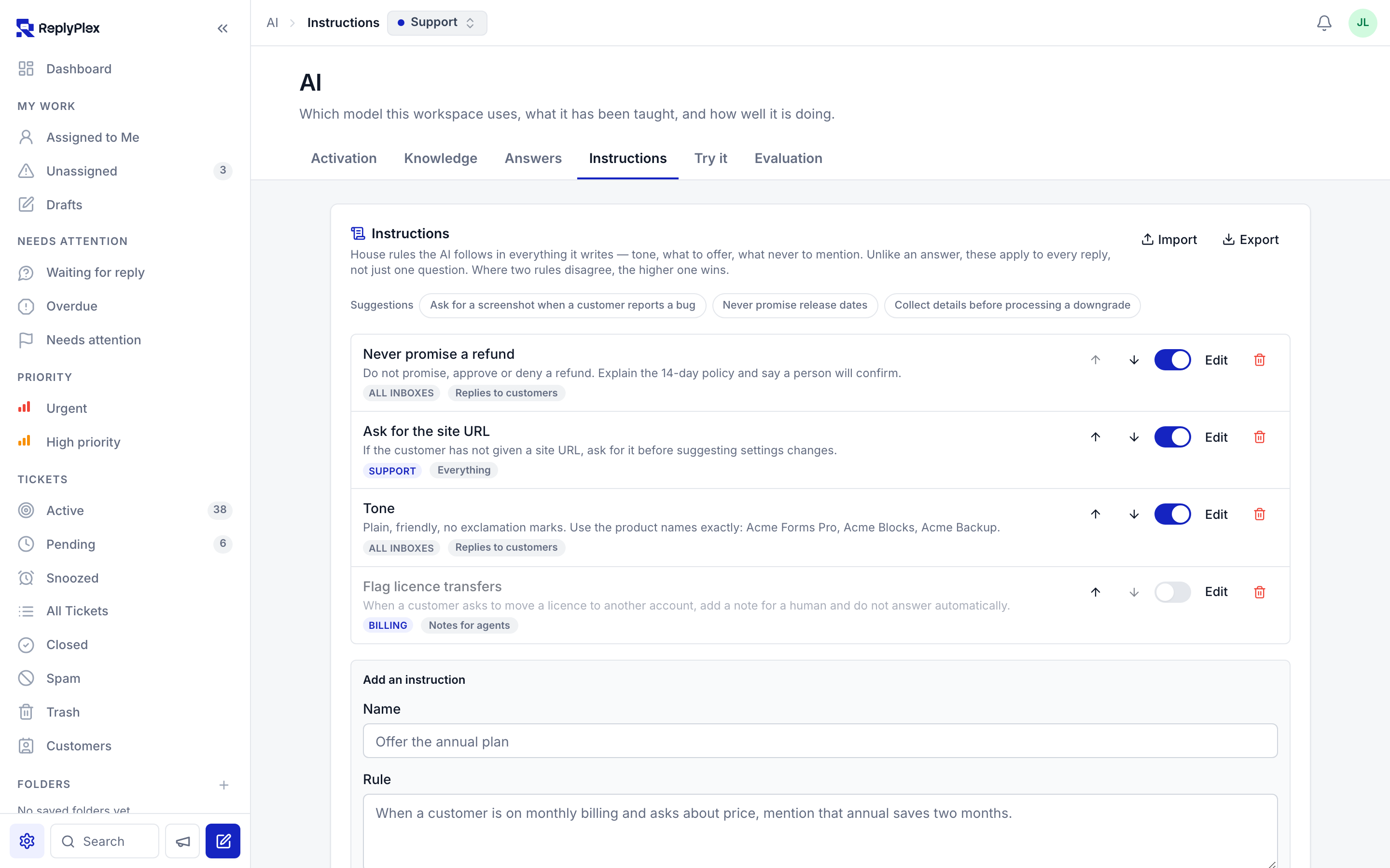 Settings → ReplyPlex: the detected store and the API key you paste into ReplyPlex.