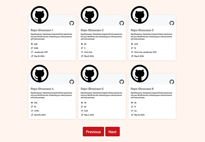 **GitHub Repositories Cards with Pagination** - View of repositories with pagination controls.