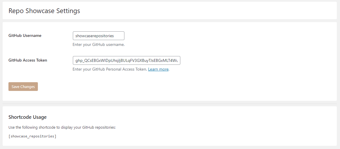 **Admin Settings Page** - Settings page where you configure your GitHub access token and username.