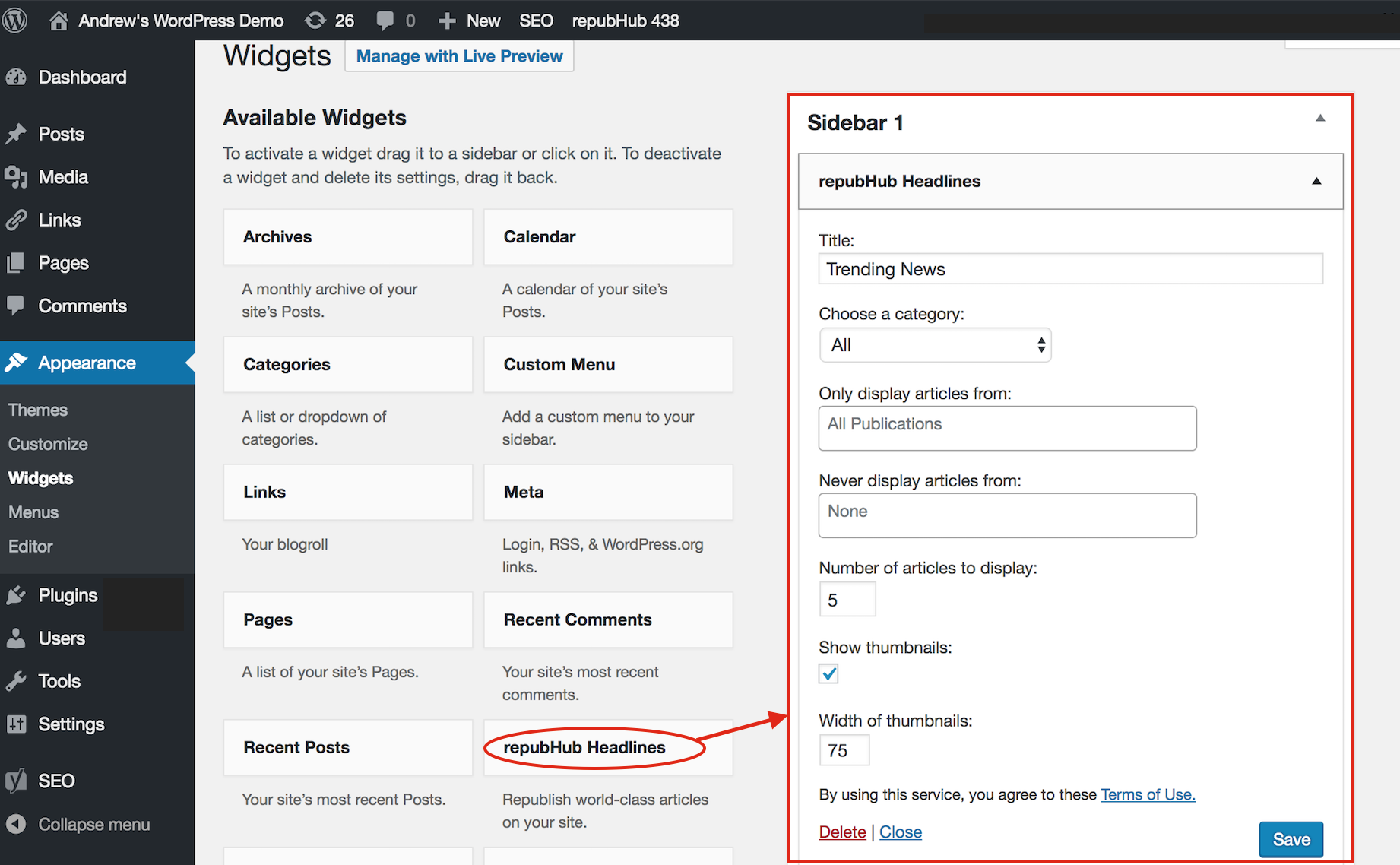 After installing the plugin, the repubHub Headlines Widget appears on your Widgets page.  Drag and drop it to the sidebar and customize it as you wish.