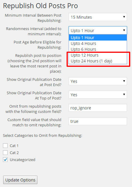 Add a randomness interval to when posts are republished. Options in red are available only in the [pro version](https://infolific.com/technology/software-worth-using/republish-old-posts-for-wordpress/#pro-version).
