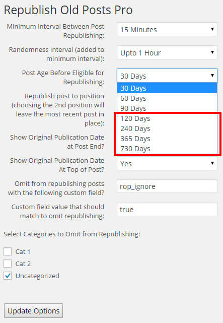 Determine how old posts should be before they're considered for republishing. Options in red are available only in the [pro version](https://infolific.com/technology/software-worth-using/republish-old-posts-for-wordpress/#pro-version).