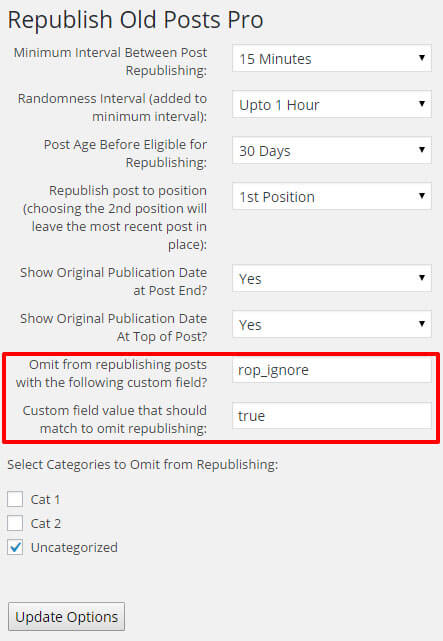 Ability to specify a post-level, custom field to exclude posts from ever being republished. This option available only in the [pro version](https://infolific.com/technology/software-worth-using/republish-old-posts-for-wordpress/#pro-version).