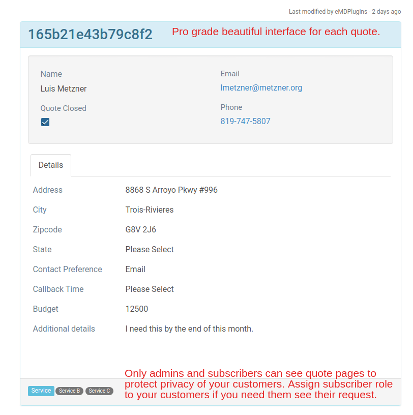 Quote request list in a tabular form