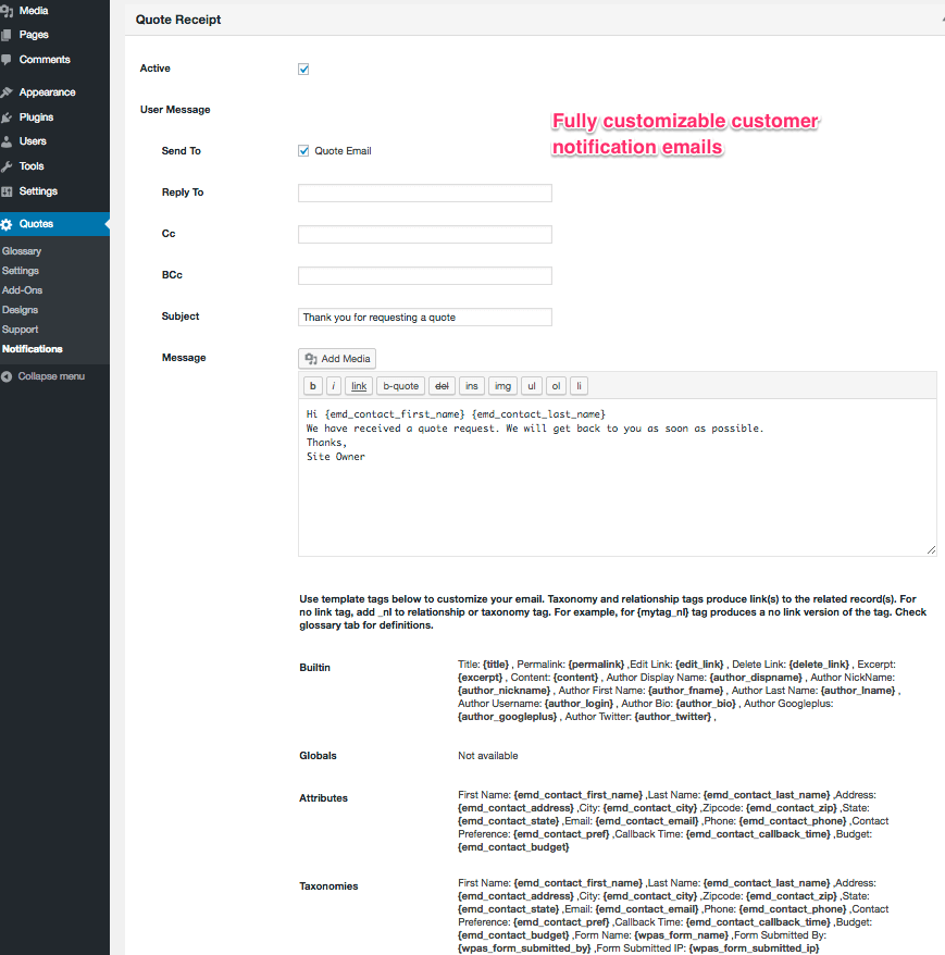 Fully customizable quote request received notification emails for admins
