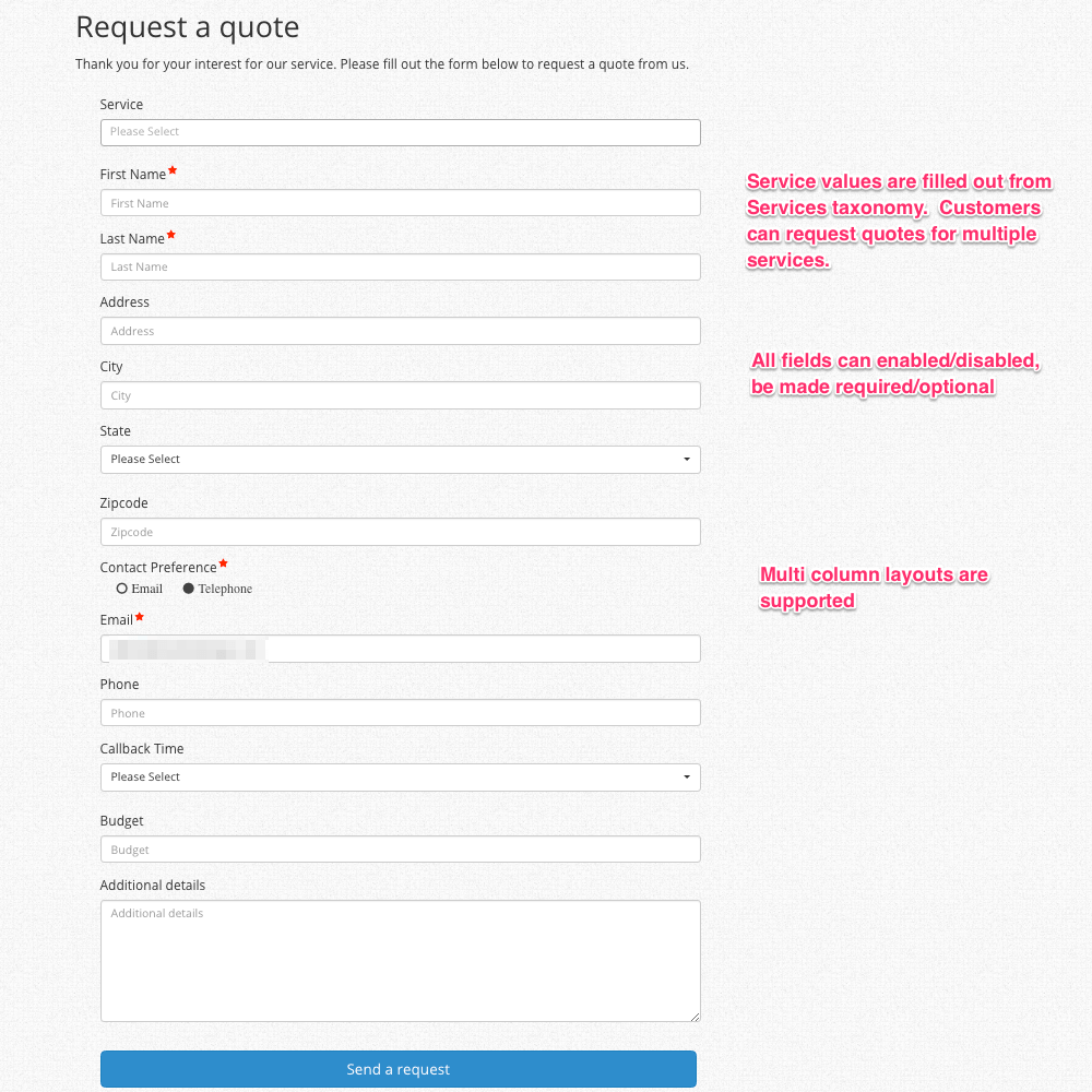 Customize the quote request form based on your needs