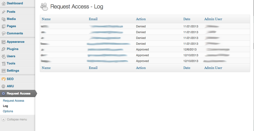 The Request Access log admin screen