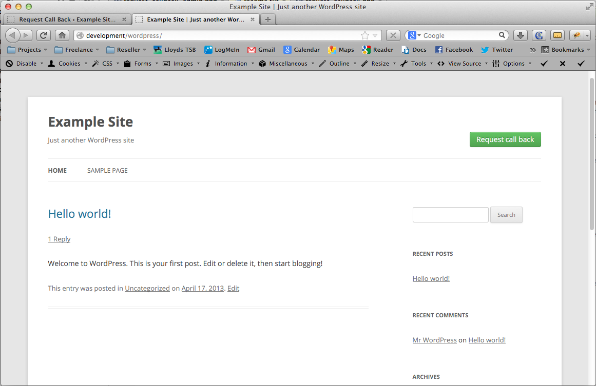 Example of what the call back button looks like on a site header