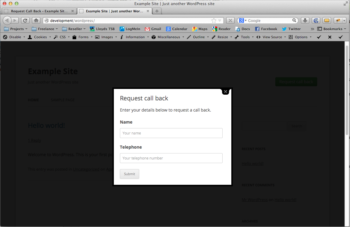 Screen shot of the lightbox form