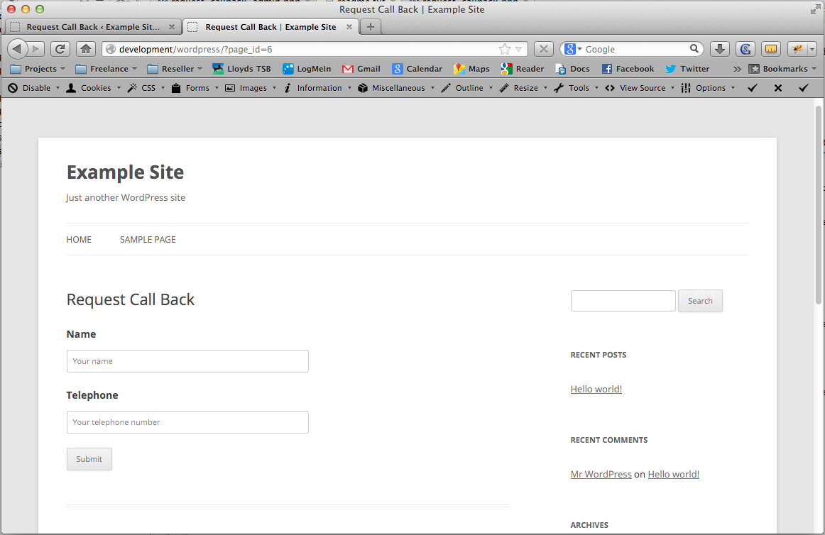 Screen shot of the embedded form
