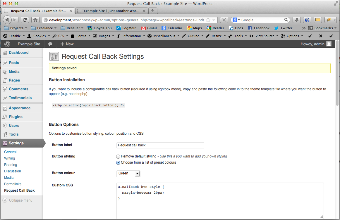 Screen shot of the options page