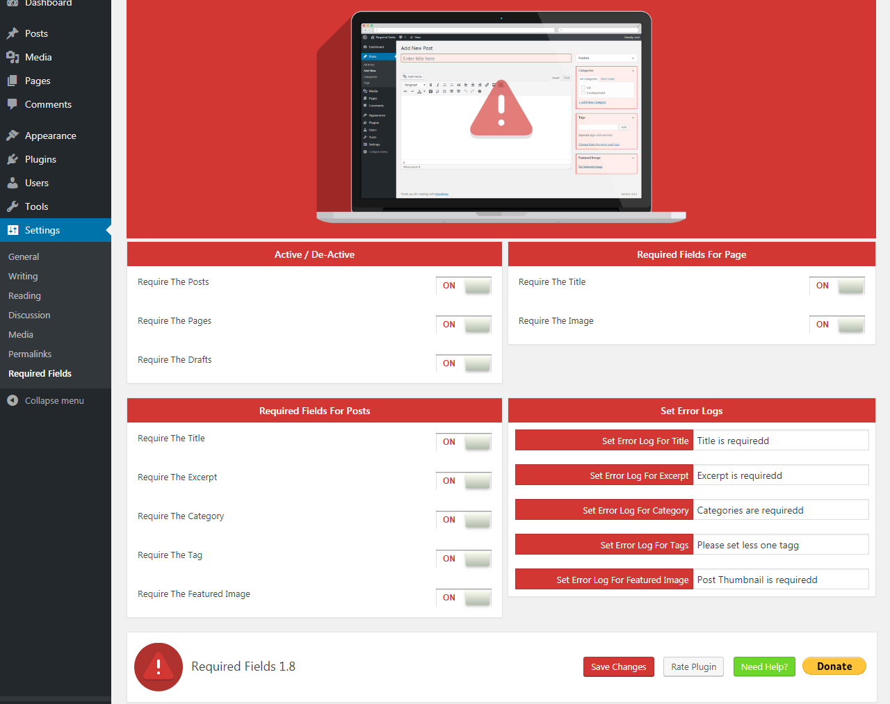 Required Fields Options Page