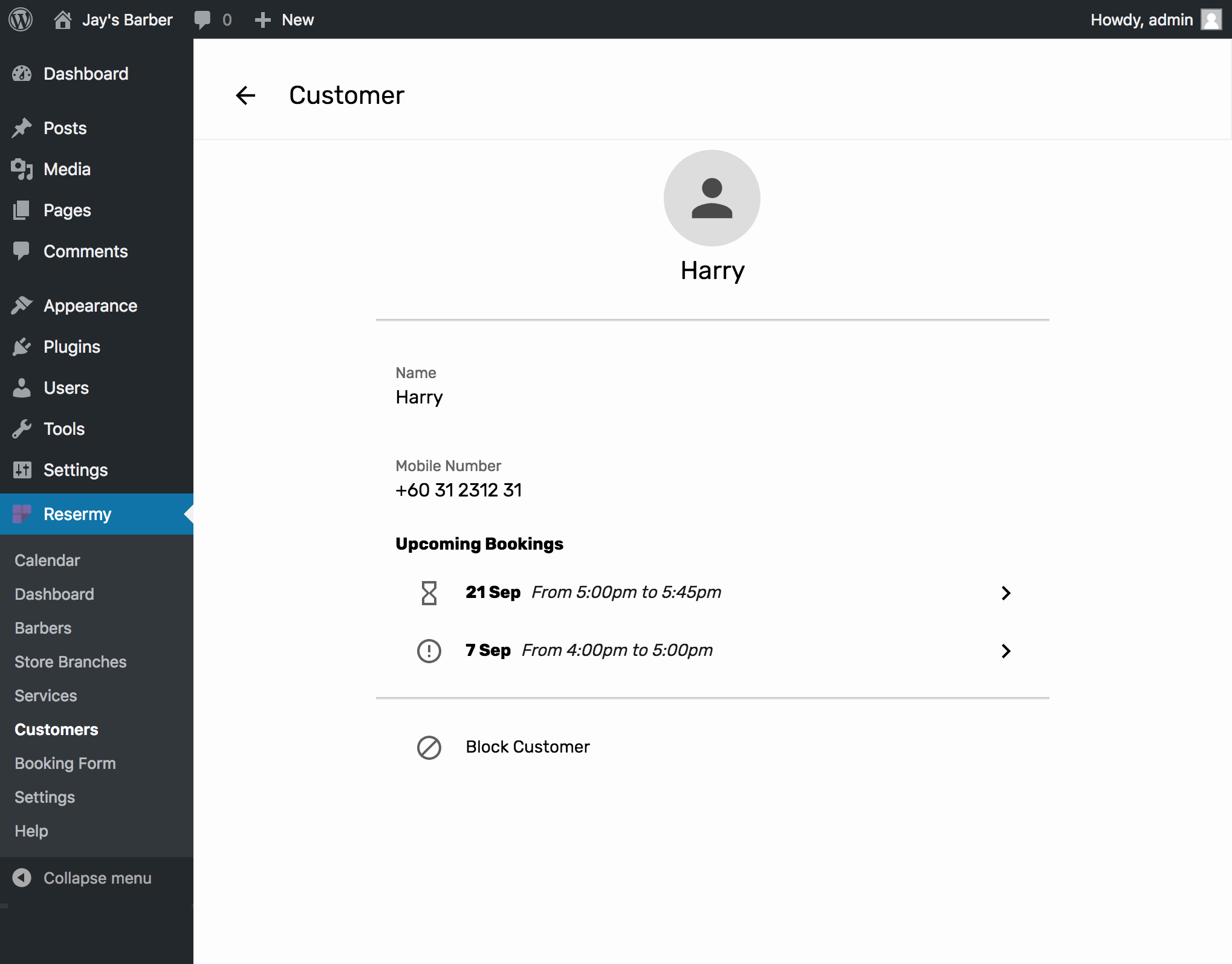 Admin - Built-in CMS (Customer Management System) with booking history