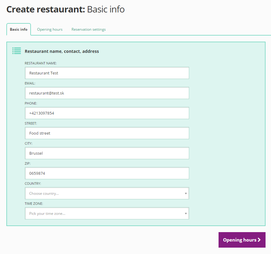 Then fill up basic info about restaurant as contact, address, time zone.