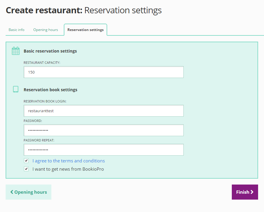 Add reservation settings - restaurant capacity and info for reservation book settings (email and password, which you will use for log in reservation book).