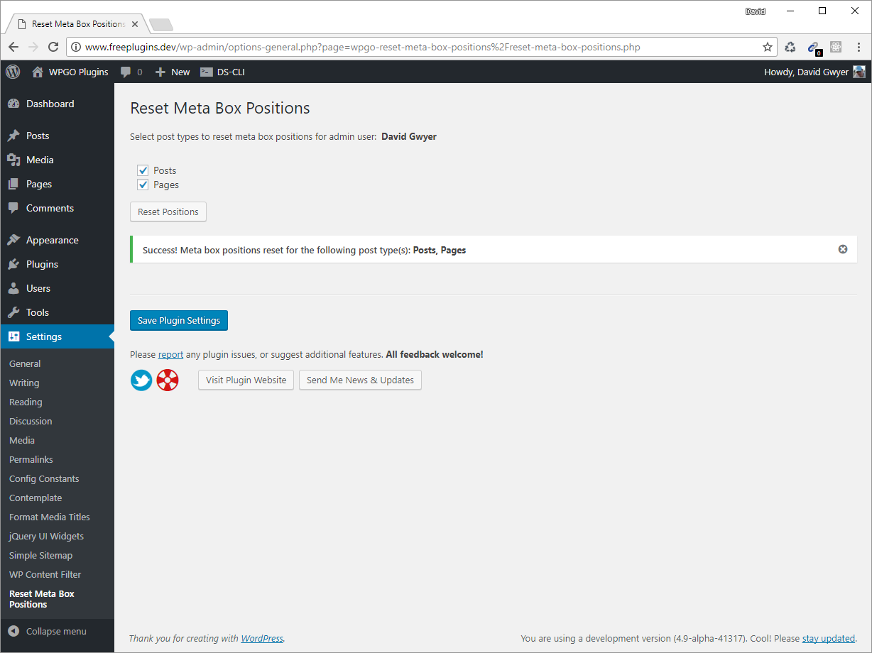 Success message shown once meta boxes have been reset to their default positions for the selected post types.