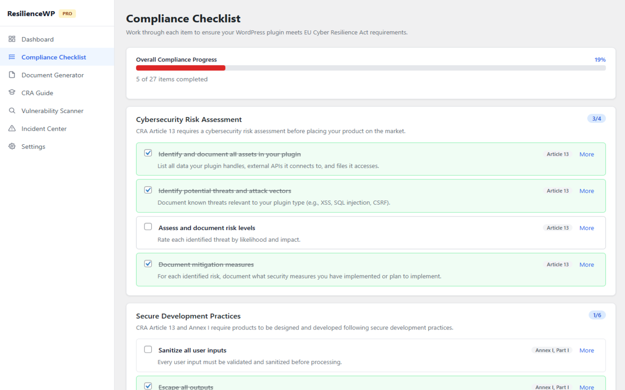 Compliance checklist organised into CRA categories, showing article references, plain-English explanations, and a progress bar.