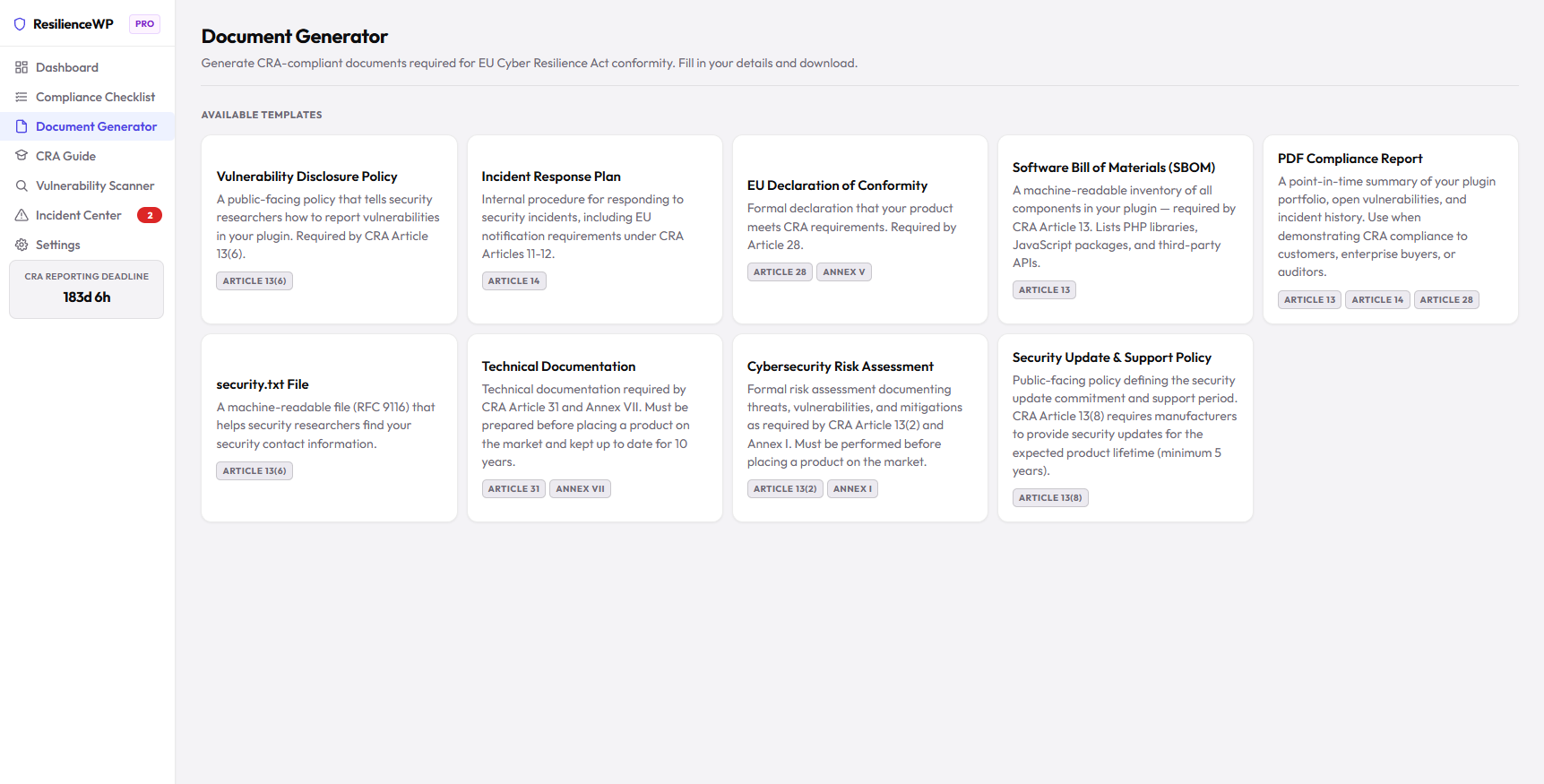 Document generator with the four required CRA documents listed and a generator form open for the Vulnerability Disclosure Policy.