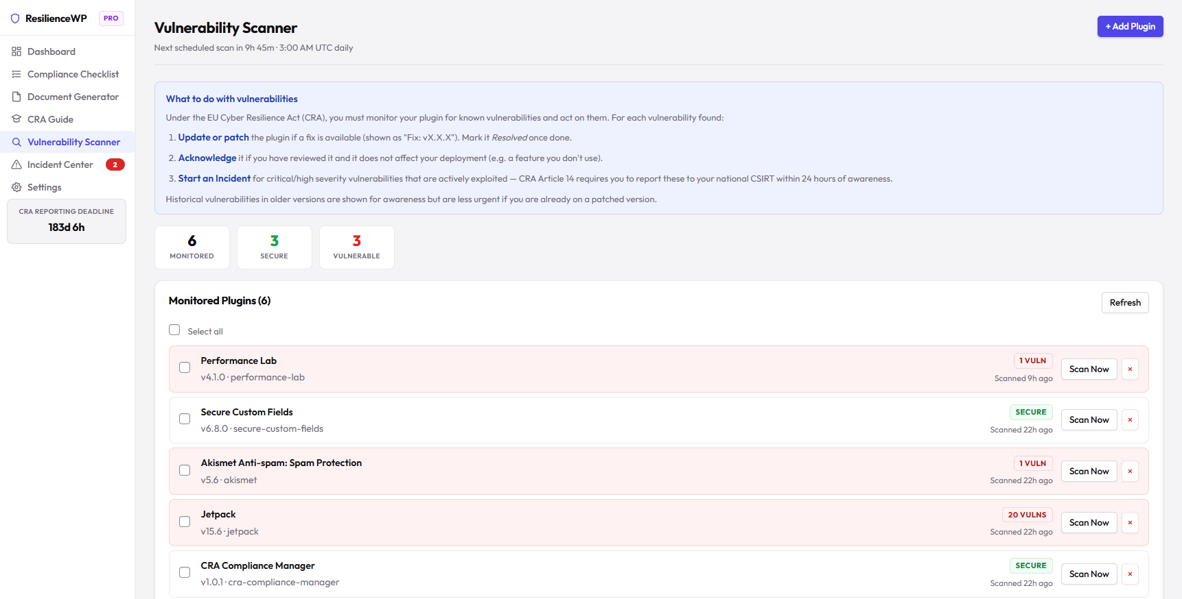 Vulnerability scanner with plugins grouped by name, severity-coded vulnerability cards, CVE IDs, and action hints for CRA obligations.