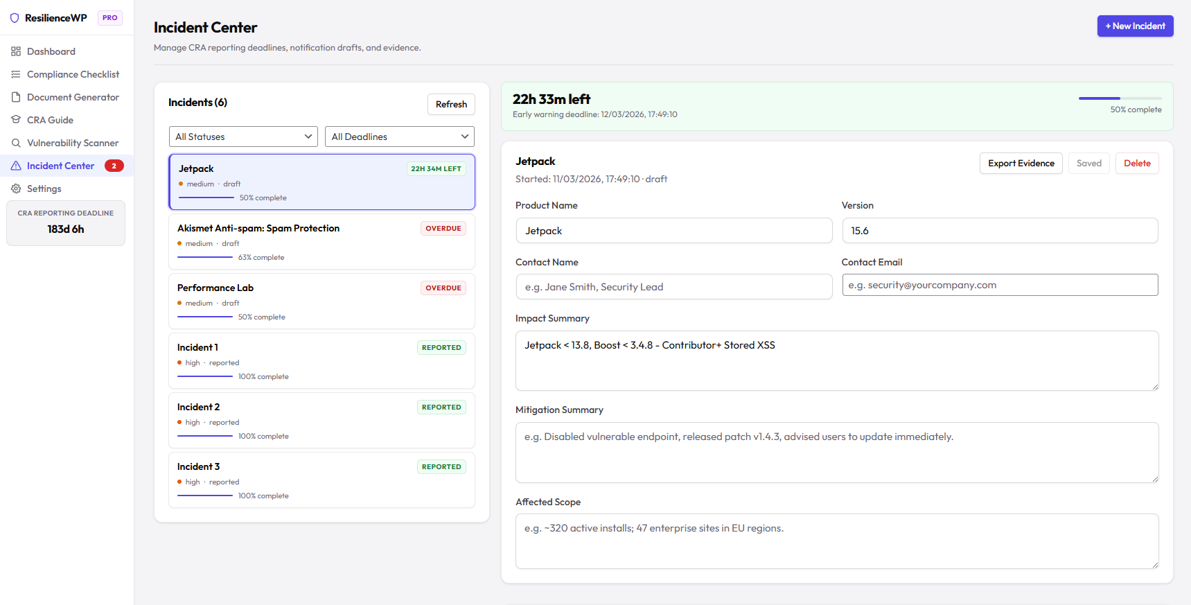 Incident Center showing an active incident case with the 24-hour countdown timer, three-stage notification timeline, completeness score, and authority submission links.